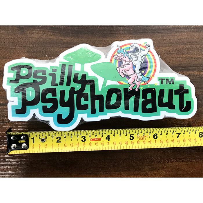 Psilly Psychonaut™ Bumper Sticker size decal - live view with dimensions - Gorilla Mushrooms™ Premium Mushroom Grow Kits & Supplies