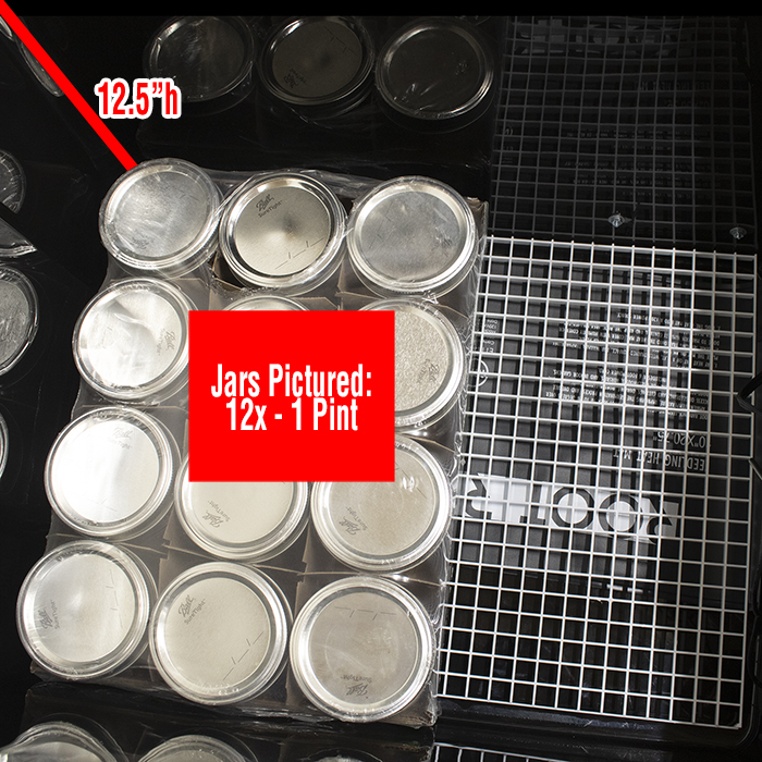 MycoBROODER™ XL 74 Quart Mushroom Incubator inside grid rack view with Pint jar measurement - Gorilla Mushrooms™ - mushroom grow kit mushroom incubators