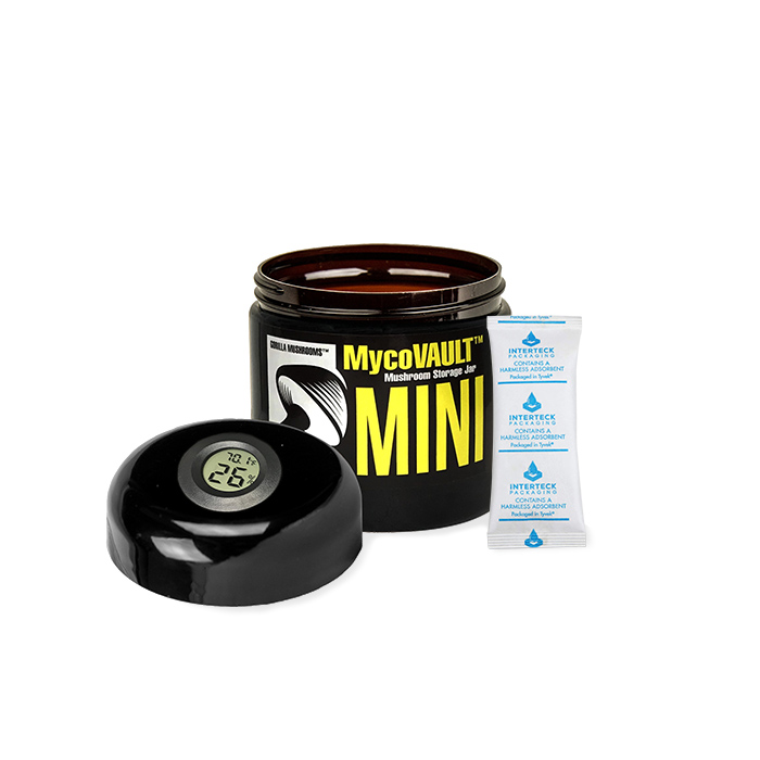 MycoVAULT™ MINI 16oz Amber Storage Jar with Humidity Gauge + 10g Silica Gel Pack - Lid off